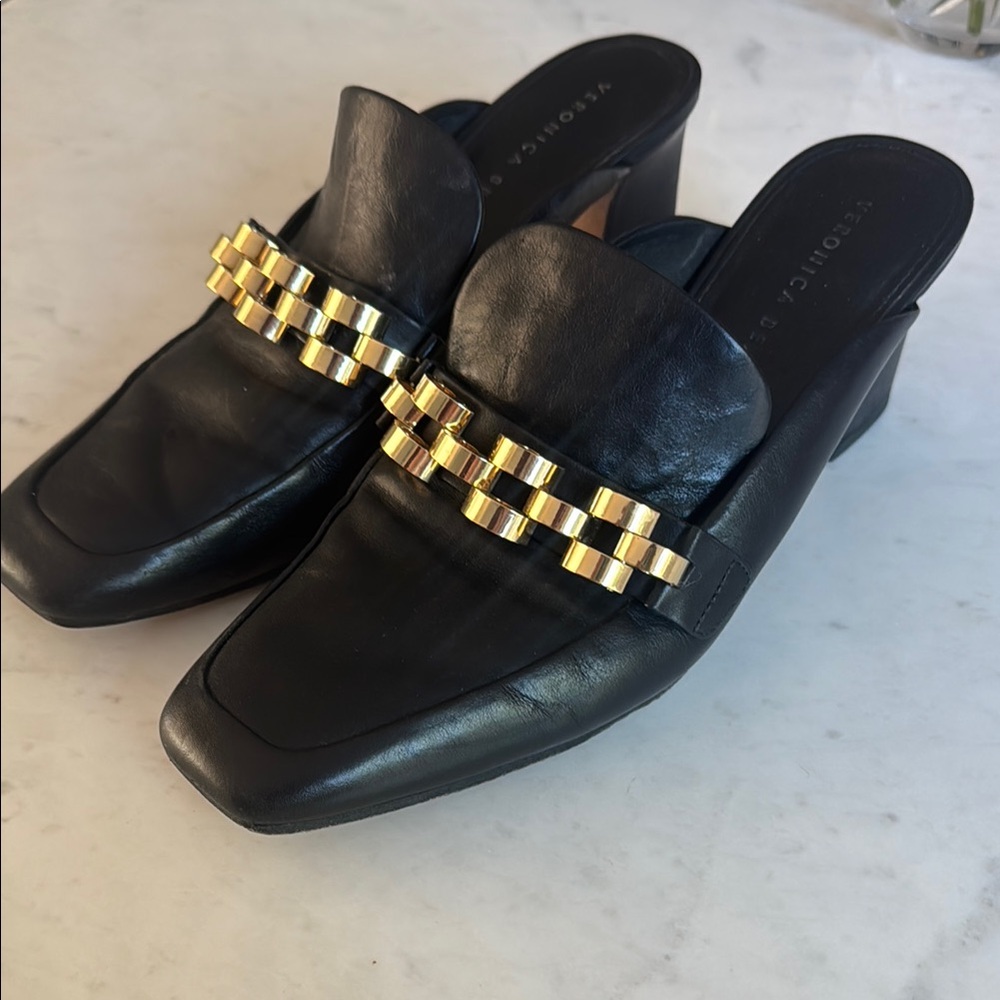 Veronica Beard Black Mules with Gold Detailing